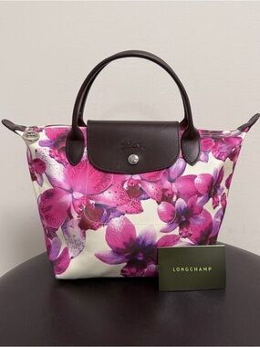 Longchamp Le Pliage Small Ivory Pink Purple Orchid Floral Print Two Handle Tote